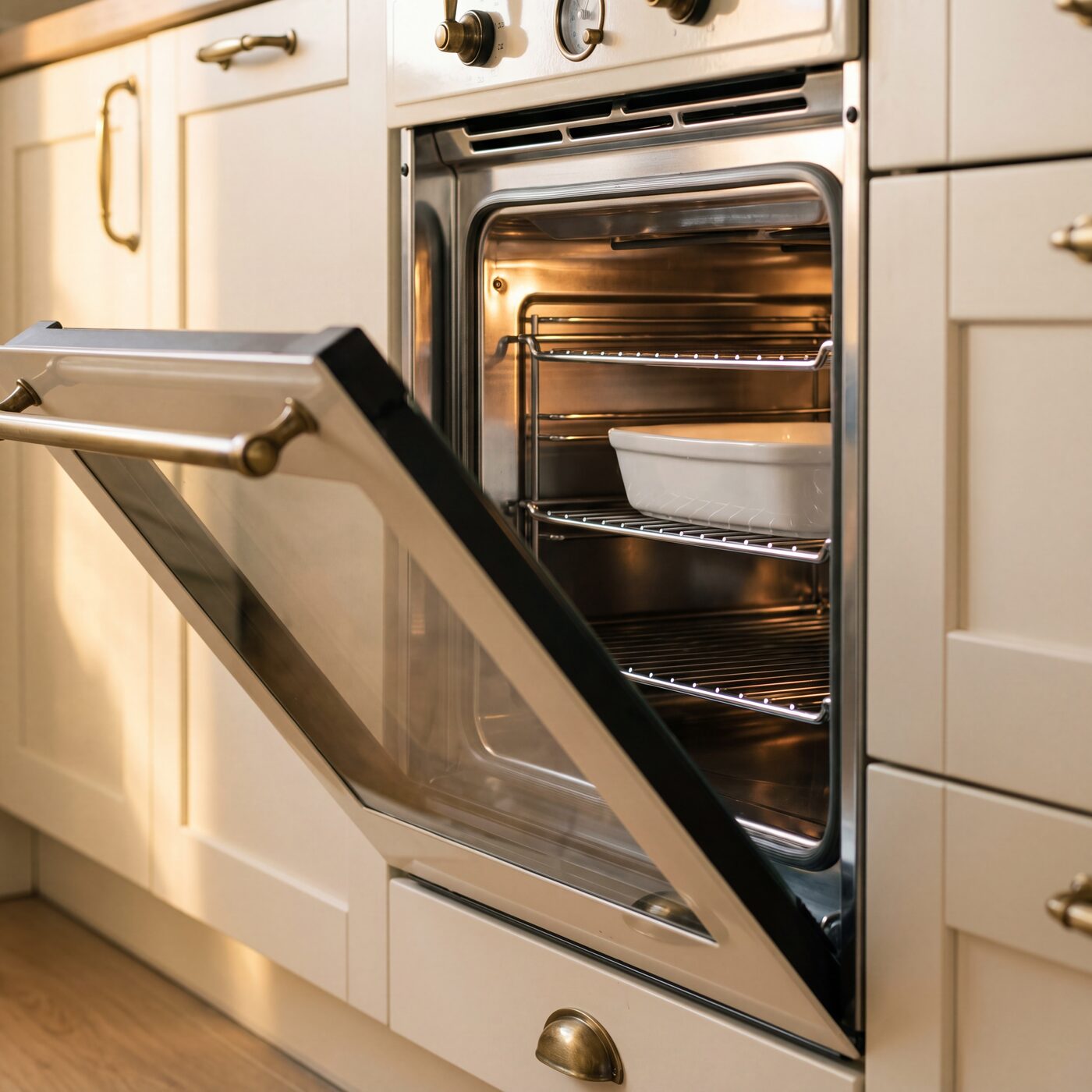 Oven cleaning after Vexa — the same oven restored, gleaming interior with brass fittings, inspection-ready.