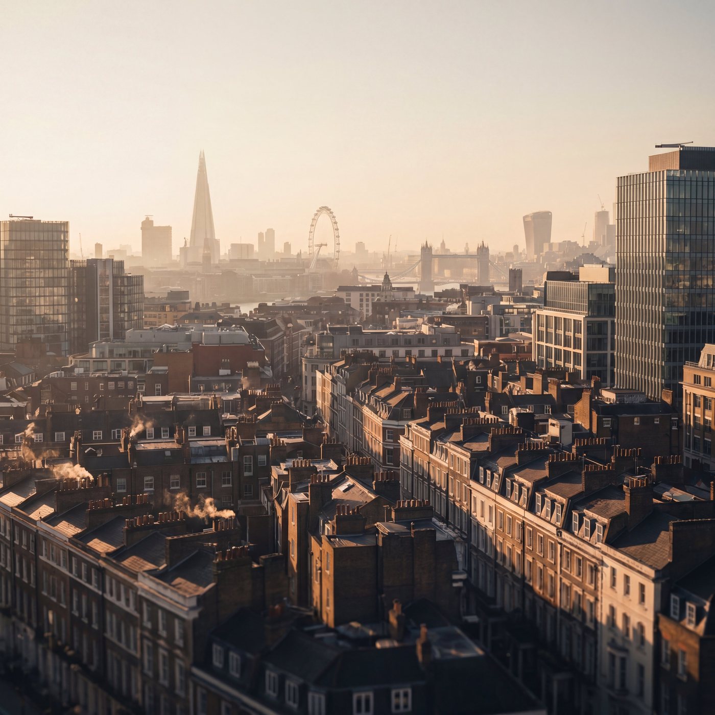 Rows of terraced rooftops and chimney stacks at golden hour with the London skyline behind — the surfaces Vexa's roof cleaning restores.