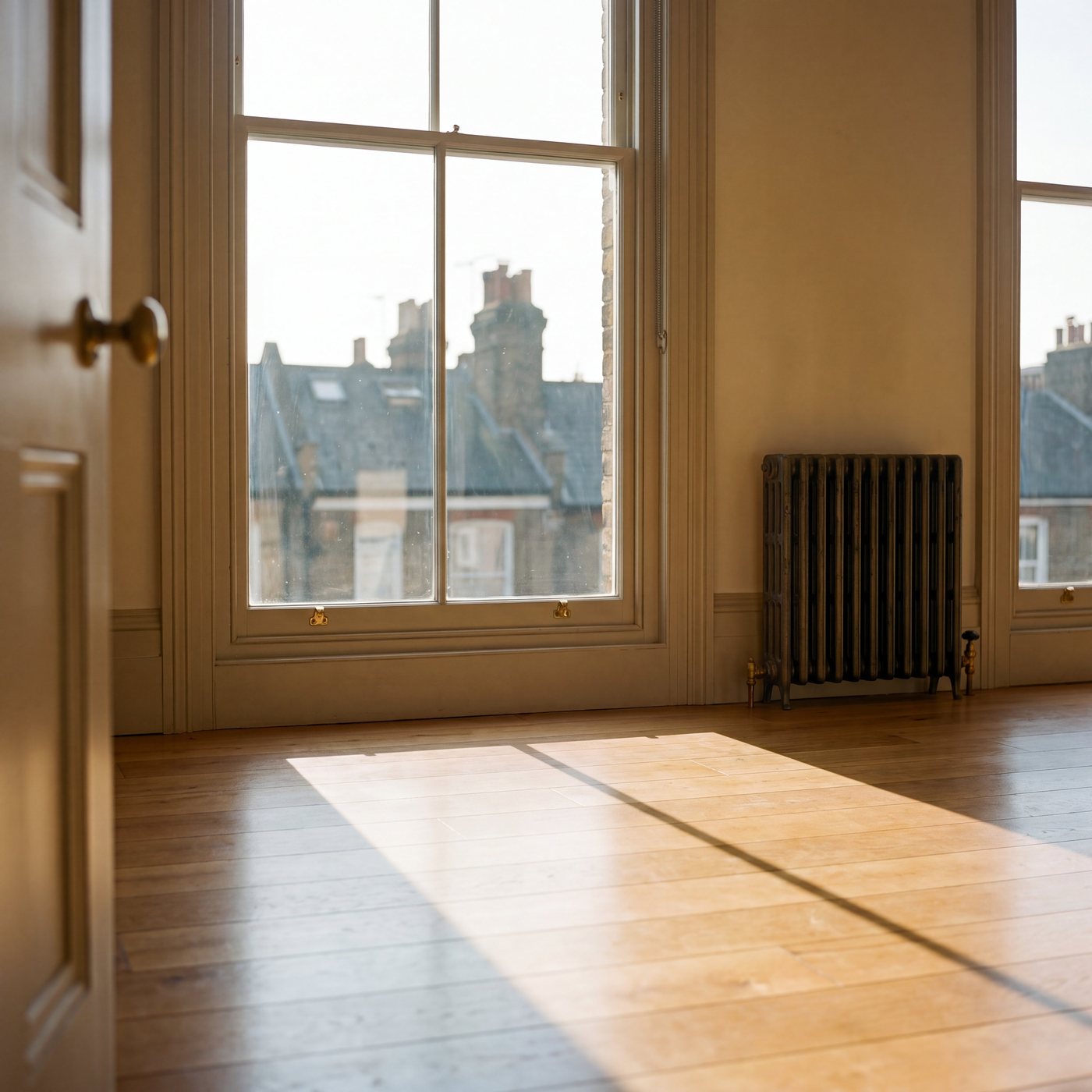 Window cleaning in a London period property — tall sash window streak-free with natural light on polished oak floors.