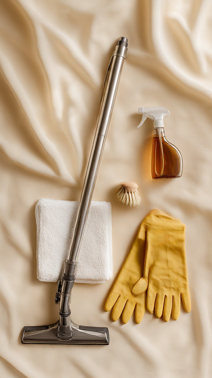 Professional cleaning equipment laid out as an editorial flat-lay — brushed steel steam wand, folded white cloths, glass spray bottle, bristle brush and yellow gloves on a warm linen background.